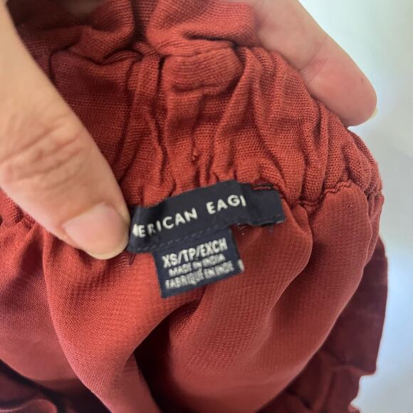 AMERICAN EAGLE Paper Bag Linen Blend Skirt Size XS Rust Red Pull On Button - Picture 7 of 10